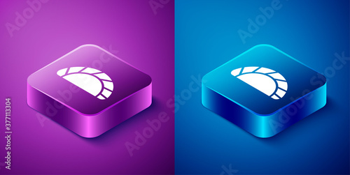 Isometric Dumpling icon isolated on blue and purple background. Traditional chinese dish. Square button. Vector.