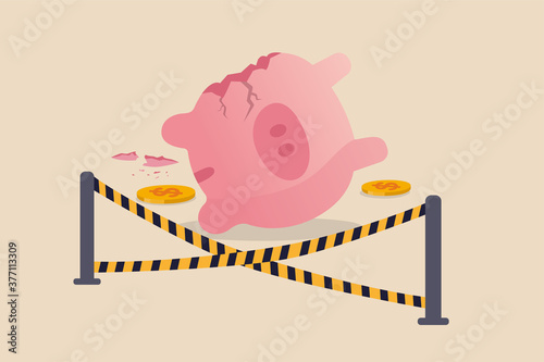 Overspending financial mistake, money lost in investment or stock market crash causing bankruptcy in economic crisis concept, broken pink piggy bank and money been stolen with yellow crime scene tape.