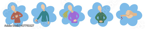 Medical topics. Disease symptoms. The person is sick. Set of curly colored vector icons. Isolated white background. Flat style. Vomiting, nausea, patient, abdominal pain, coughing, sneezing.