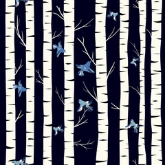 Stickers Berken patronen Berkenbos met vliegende vogels schets  © Noi Adamsen