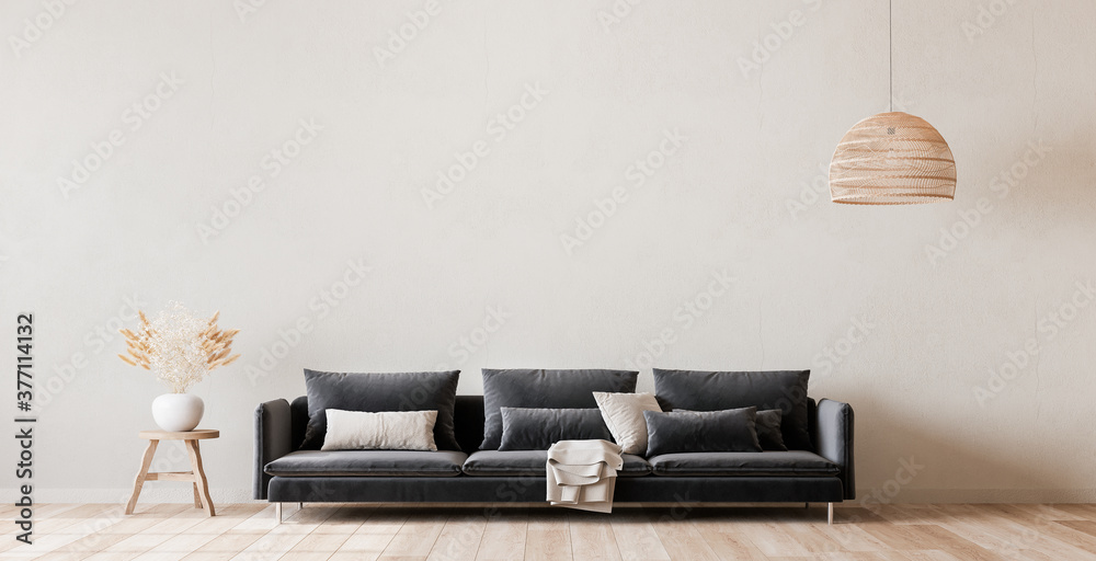 Mock up wall in Scandinavian living room design, home decor with dark sofa and natural wooden furniture on empty bright background - obrazy, fototapety, plakaty 