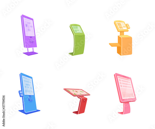 Various terminals flat color vector object set. Digital automats with touch screens. Self serving kiosk isolated cartoon illustration for web graphic design and animation collection