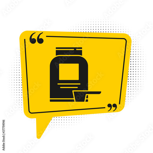 Black Sports nutrition bodybuilding proteine power drink and food icon isolated on white background. Yellow speech bubble symbol. Vector.