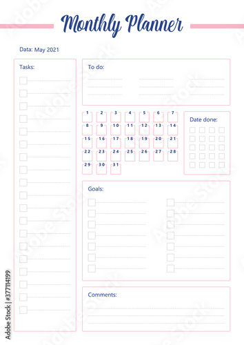 Monthly planner creative planner page design. To do checklist. Calendar with date boxes to check. Month tasks list bullet journal color sheet. Printable diary layout. Notebook vector template
