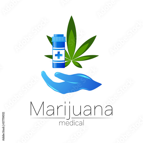 Medical cannabis symbol in vector. Logotype for marijuana, nature herbal medicine, therapy, doctors and store, business. Isolated on white. Blue and green color. Icon with human hand