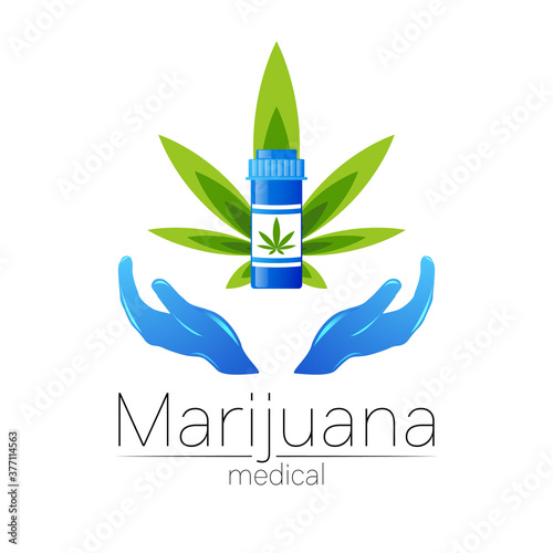 Medical cannabis symbol in vector. Logotype for marijuana, nature herbal medicine, therapy, doctors and store, business. Isolated on white. Blue and green color. Icon with human hands