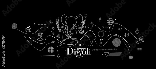 Diwali Hindu festival greeting card, Hand Drawn line art Vector illustration.