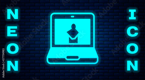 Glowing neon Online museum icon isolated on brick wall background. Museum gallery. Vector.