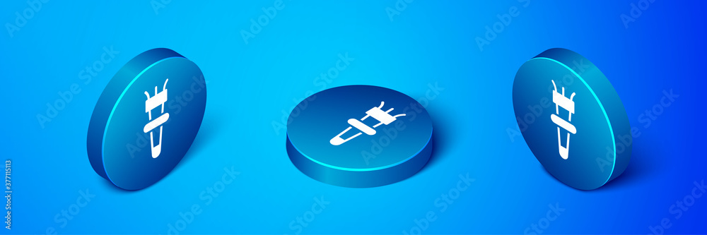 Isometric Torch flame icon isolated on blue background. Symbol fire hot, flame power, flaming and heat. Blue circle button. Vector. Isometric Torch flame icon isolated on blue background. Symbol fire hot, flame power, flaming and heat. Blue circle button. Vector.