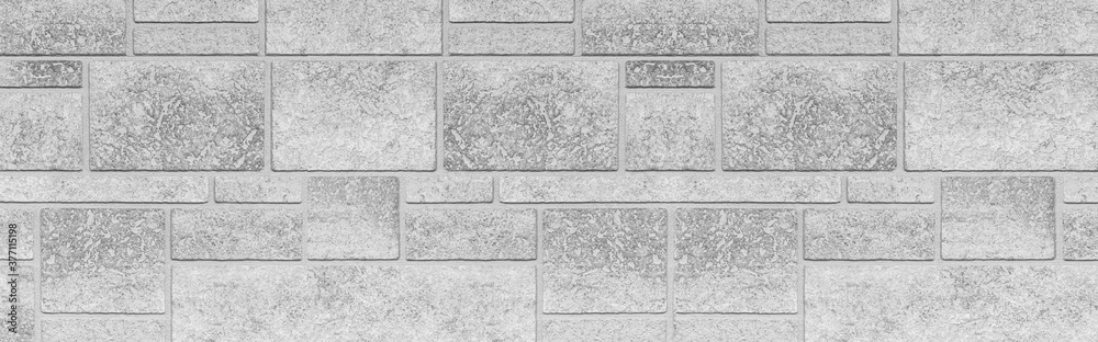 Panorama of Block pattern of white stone cladding wall tile texture and seamless background - obrazy, fototapety, plakaty 