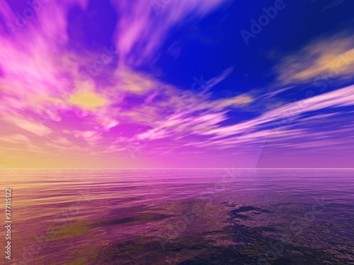Abstraction on the theme of the sea sunset, 3D rendering, abstract sea sunrise