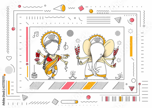 Diwali Hindu festival greeting card, Hand Drawn line art Vector illustration.