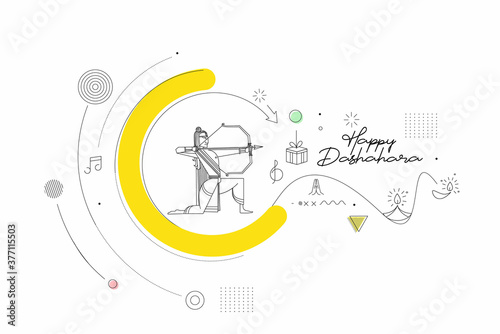 Lord Rama with arrow killing Ravana in Navratri festival of India poster with hindi text Dussehra, Line art Vector illustration.