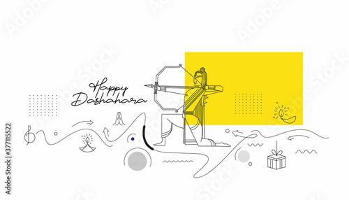 Lord Rama with arrow killing Ravana in Navratri festival of India poster with hindi text Dussehra, Line art Vector illustration.