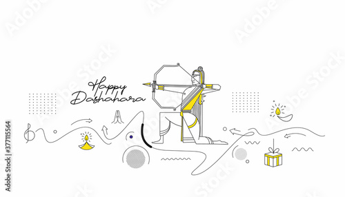 Lord Rama with arrow killing Ravana in Navratri festival of India poster with hindi text Dussehra, Line art Vector illustration.