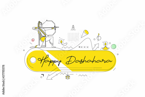 Lord Rama with arrow killing Ravana in Navratri festival of India poster with hindi text Dussehra, Line art Vector illustration.