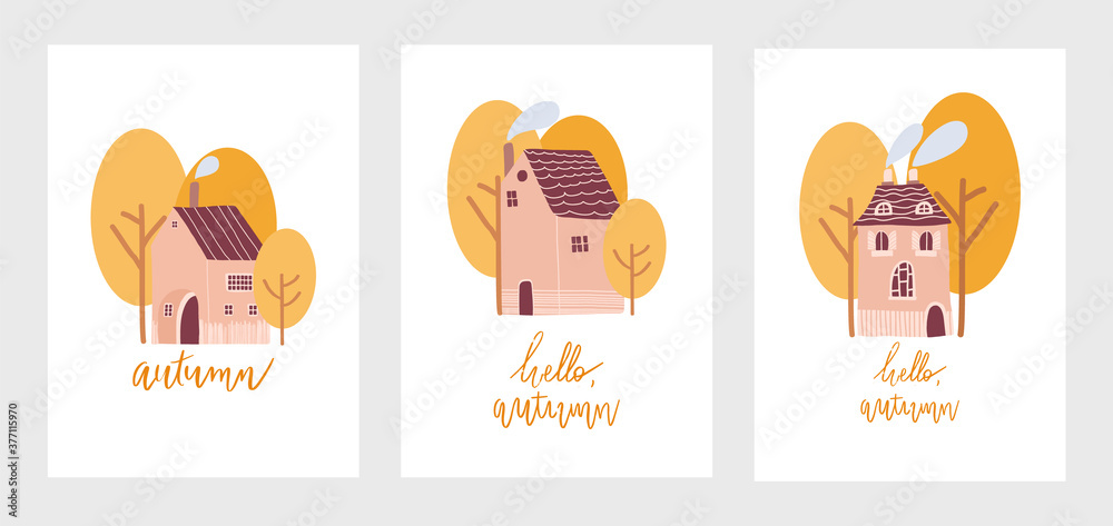 Vector cute houses with lettering for poster.