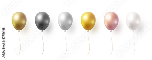 Balloon set isolated on white background. Vector realistic gold, bronze, golden rose, silver and black festive 3d helium balloons template for anniversary, birthday party design