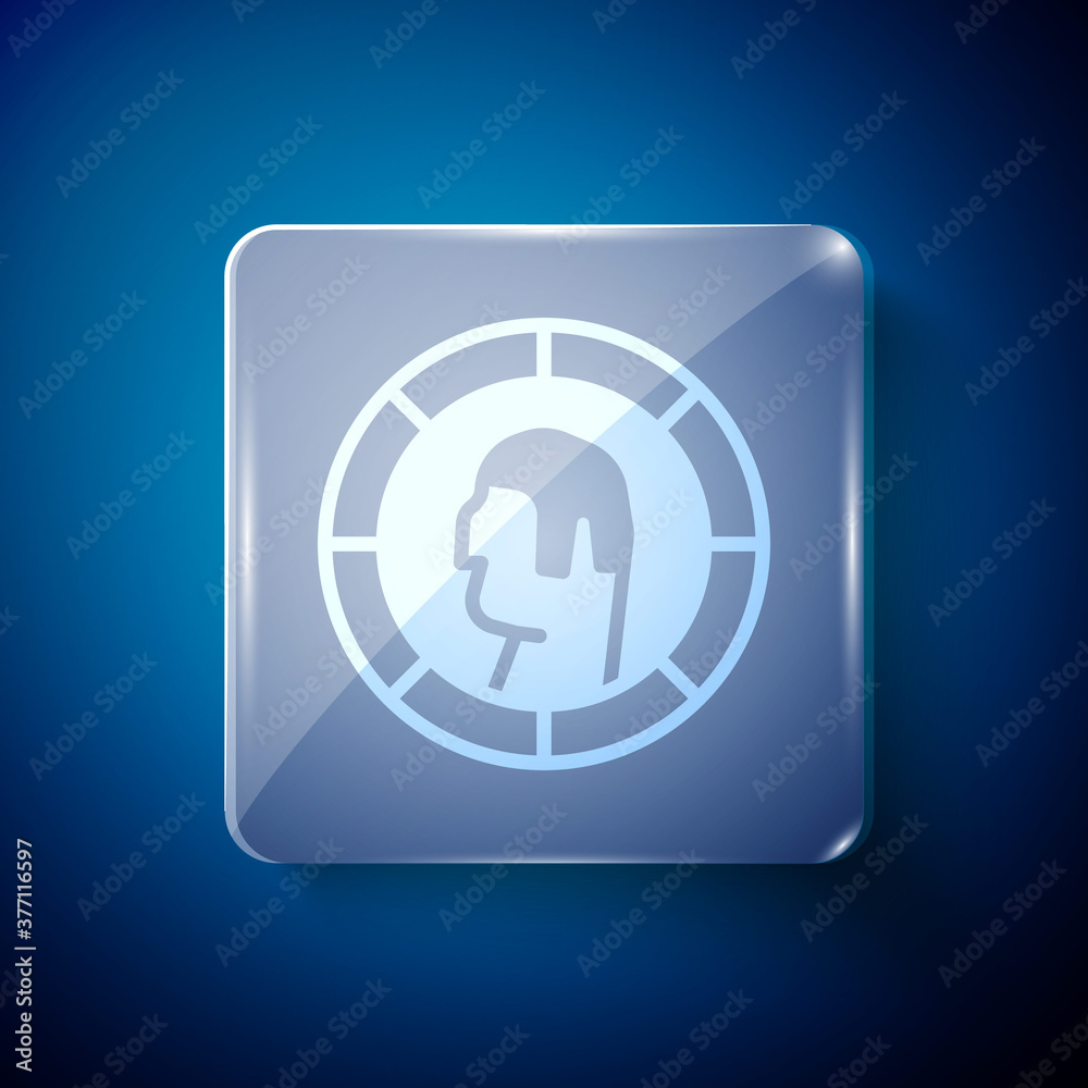 White Ancient Greek coin icon isolated on blue background. Square glass panels. Vector. White Ancient Greek coin icon isolated on blue background. Square glass panels. Vector.