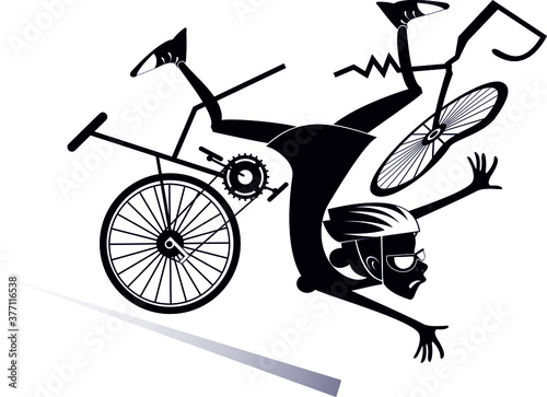 Cyclist woman falling down from the bicycle illustration. Cyclist woman falling down from the broken bicycle black on white illustration