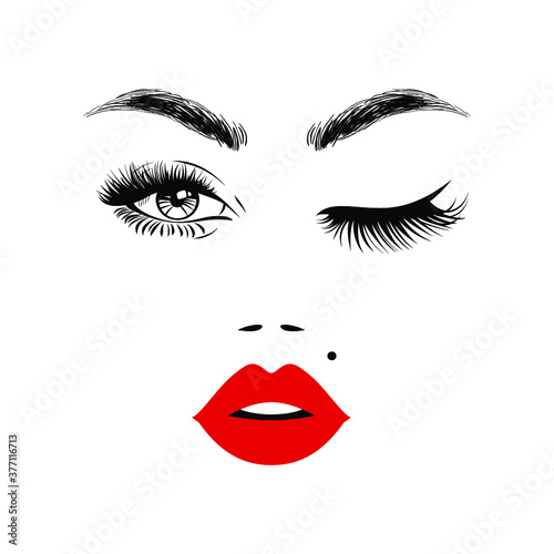 Beautiful woman face with red lips, eyebrows and lush eyelashes, black eyeliner, one open eye and other closed, sexy birthmark. Beauty Logo. Vector illustration.