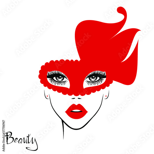 Fototapeta Naklejka Na Ścianę i Meble -  Beautiful woman face with red lips in red mask with floral motive, lush eyelashes. Beauty Logo. Vector illustration. Party carnival mask. 