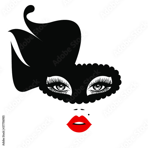Beautiful woman face with red lips in black mask with floral motive, lush eyelashes. Beauty Logo. Vector illustration. Party carnival mask. 