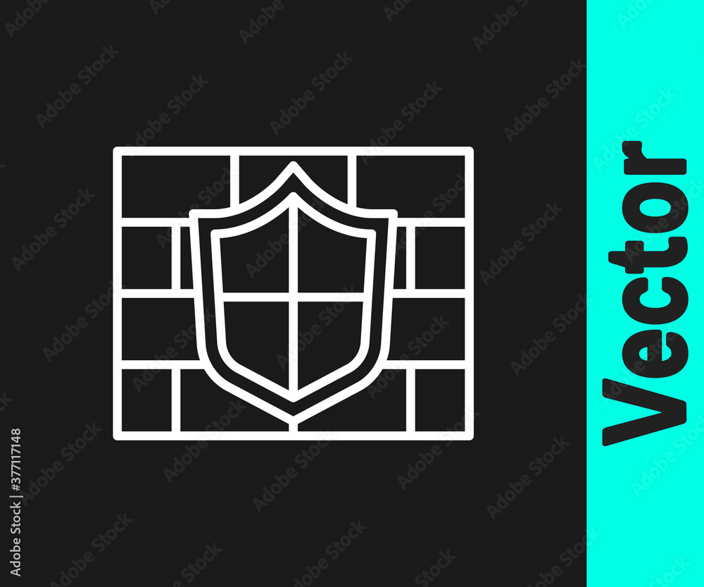 White line Shield with cyber security brick wall icon isolated on black background. Data protection symbol. Firewall. Network protection. Vector.