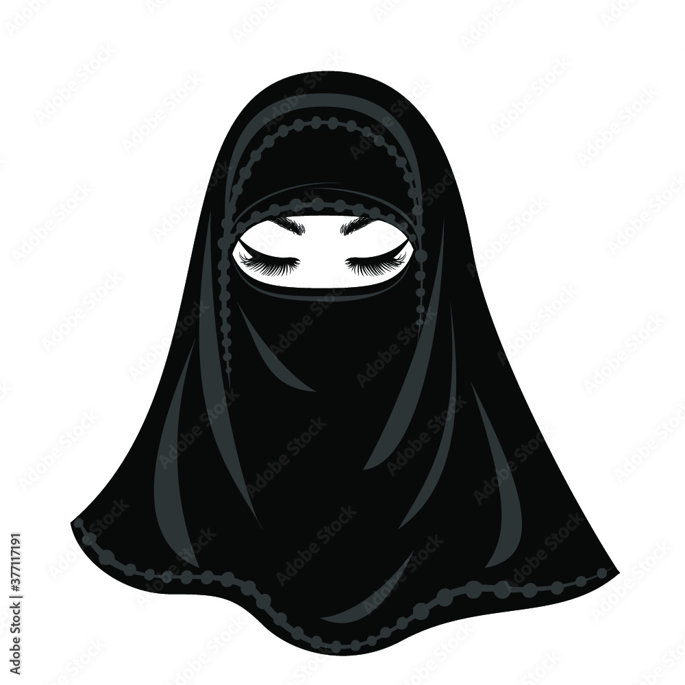 Beautiful Muslim Woman in niqab, eyelash extensions, hands with manicure nails, traditional dress. Vector illustration. Beautiful Muslim Woman in niqab, eyelash extensions, hands with manicure nails, traditional dress. Vector illustration.