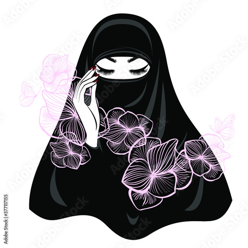 Beautiful Muslim Woman with lush eyelashes in hiqab, beautiful hands, flowers background. Vector illustration.