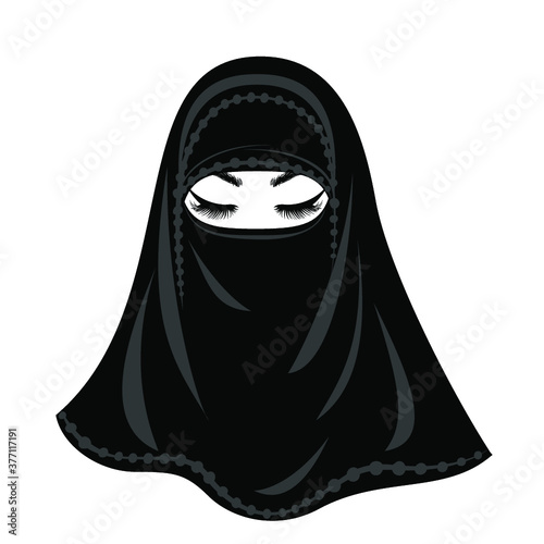 Beautiful Muslim Woman in niqab, eyelash extensions, hands with manicure nails, traditional dress. Vector illustration.