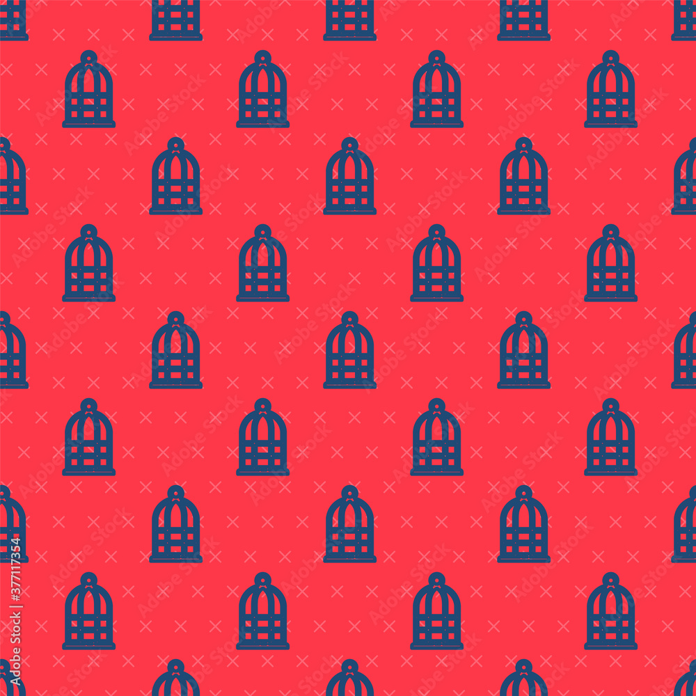 Blue line Cage for birds icon isolated seamless pattern on red background. Vector. Blue line Cage for birds icon isolated seamless pattern on red background. Vector.
