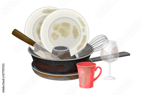 Pile of Dirty Dishes and Utensils with Plates and Frying Pan Vector Illustration