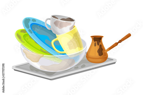 Pile of Dirty Dishes and Utensils with Plates and Cups Vector Illustration