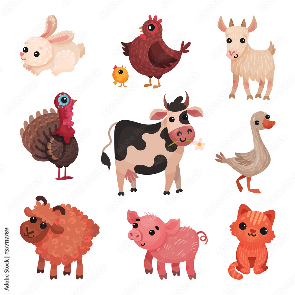 Farm Animals with Cow and Sheep Vector Set