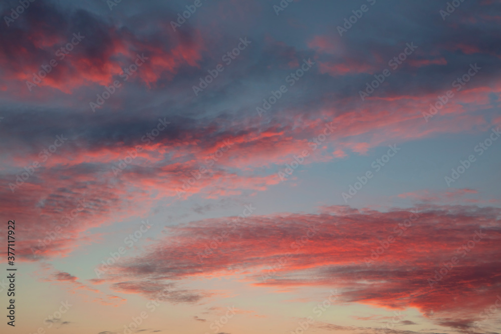 Red fluffy sunset clouds over blue sky