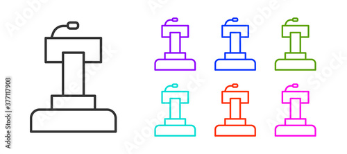 Black line Stage stand or debate podium rostrum icon isolated on white background. Conference speech tribune. Set icons colorful. Vector.