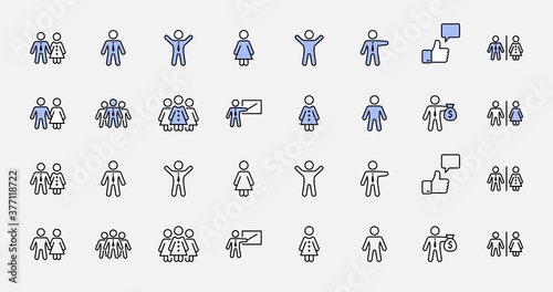 Set of people vector line icons. It contains the symbols of a man, a woman, a family, a toilet, a businessman, a teacher, and much more. Editable Stroke. 32x32 pixels.