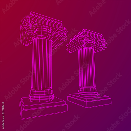 Greek ionic column. Ancient pillars roman antique architecture construction decoration. Wireframe low poly mesh vector illustration.