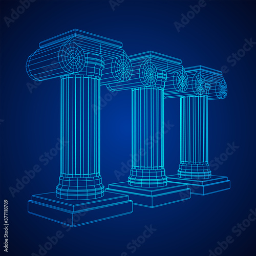 Greek ionic column. Ancient pillars roman antique architecture construction decoration. Wireframe low poly mesh vector illustration.
