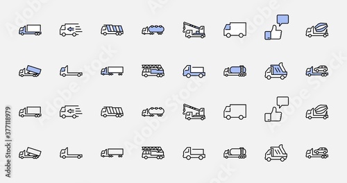 Truck Set of Transport Vector Line Icons. Contains such Icons as Truck, Transportation, Tow Truck, Cranes, Mixer, Garbage Truck, Manipulators, Delivery service and more. Editable Stroke. 32x32 Pixel