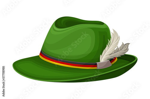 Green Wide Brimmed Hat with Feathers and Colorful Ribbon Vector Illustration
