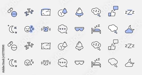 Sleep Vector Line Icons Set. Contains such Icons as Alarm Clock, Bed, Insomnia, Pillow, Sleeping Pills, Bell, Glasses for sleep, Bubble and more. Editable Stroke. 32x32 Pixel Perfect