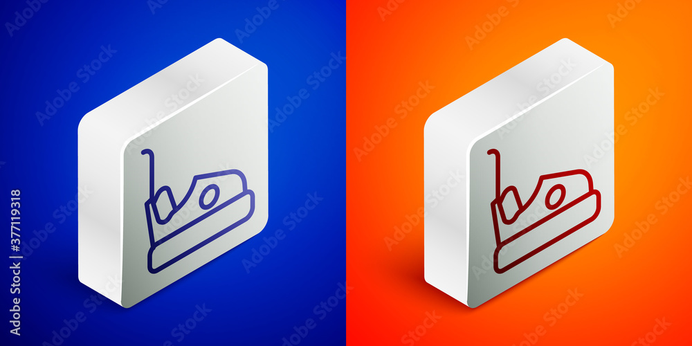 Isometric line Bumper car icon isolated on blue and orange background. Amusement park. Childrens entertainment playground, recreation park. Silver square button. Vector. Isometric line Bumper car icon isolated on blue and orange background. Amusement park. Childrens entertainment playground, recreation park. Silver square button. Vector.