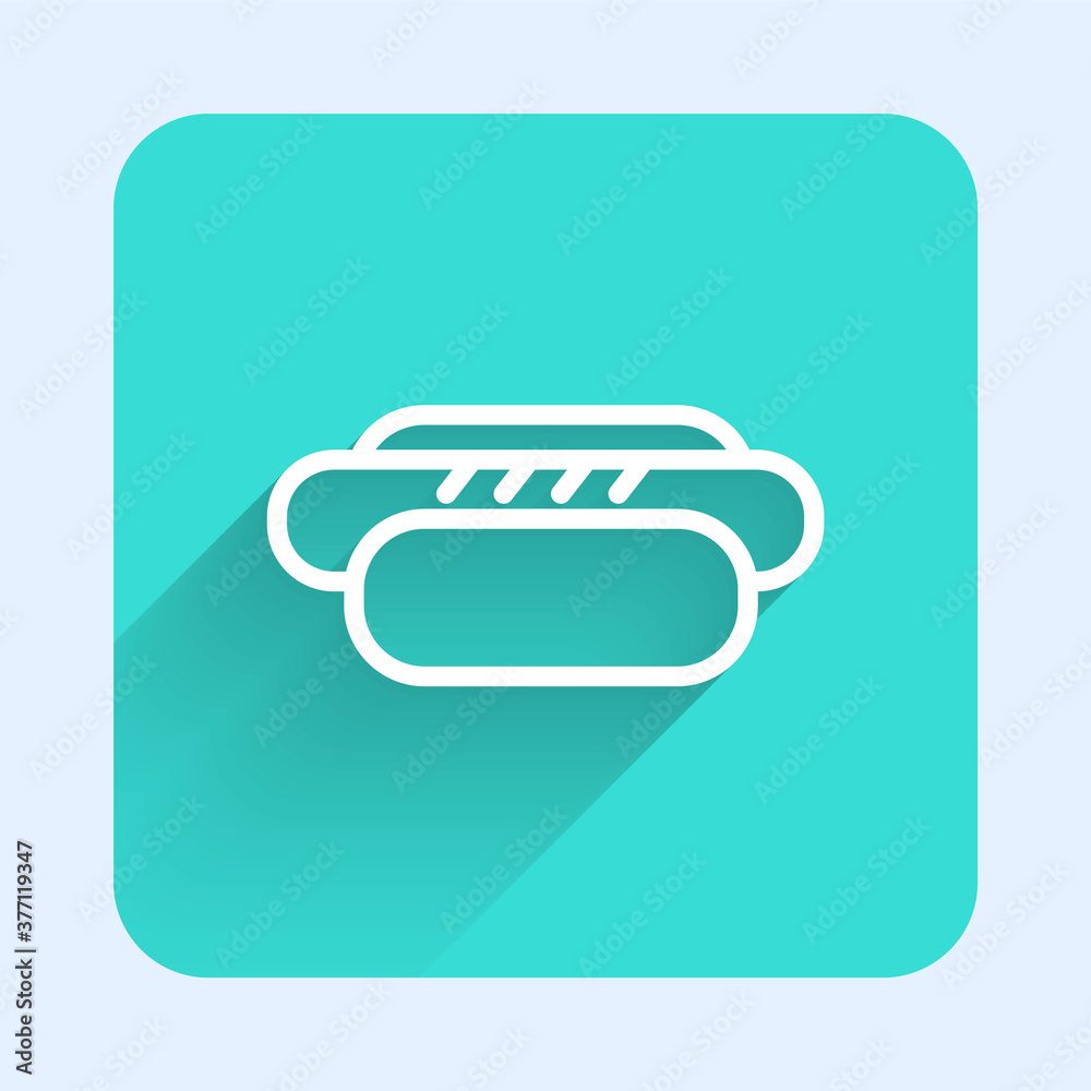 White line Hotdog sandwich icon isolated with long shadow. Sausage icon. Street fast food menu. Green square button. Vector. White line Hotdog sandwich icon isolated with long shadow. Sausage icon. Street fast food menu. Green square button. Vector.