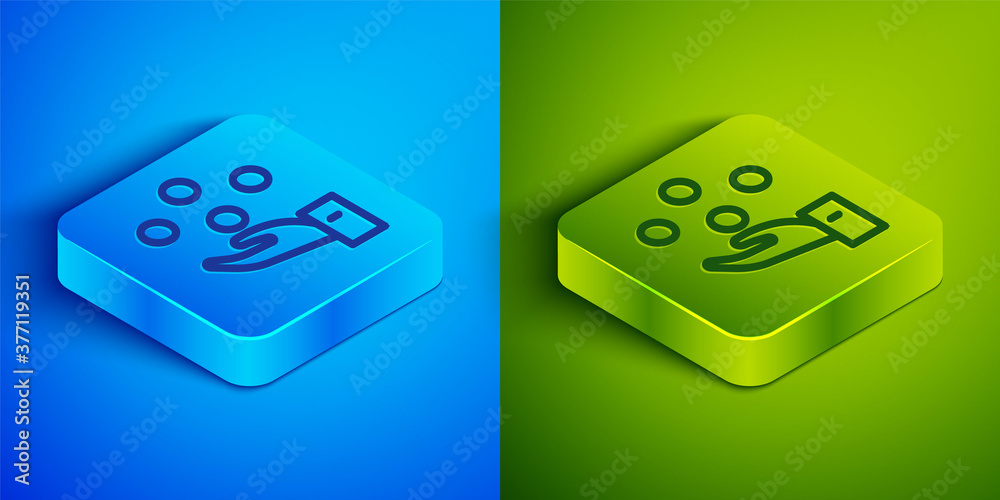 Isometric line Juggling ball icon isolated on blue and green background. Square button. Vector. Isometric line Juggling ball icon isolated on blue and green background. Square button. Vector.