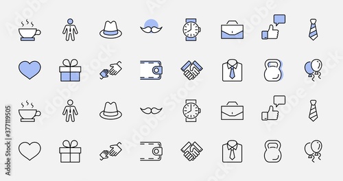 Wallpaper Mural Father's Day Set Line Vector Icons. Contains such Icons as Mustache, tie, shirt, handshake, diplomat, hat, coffee, purse, gift, portfolio and more. Editable Stroke. 32x32 Pixel Perfect Torontodigital.ca