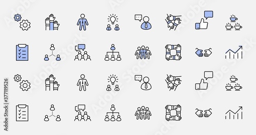 Set of Team Work Related Vector Line Icons. Contains such Icons as Handshake, Check, Idea, Coffee, Gears, Cooperation, Collaboration, Team Meeting and more. Editable Stroke. 32x32 Pixel Perfect