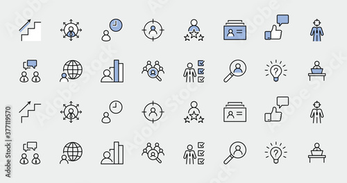 Set of Head Hunting Related Vector Line Icons. Contains such Icons as Career growth, Bulb, Candidate, Search, CV, Card Index, Outsource and more. Editable Stroke. 32x32 Pixel Perfect