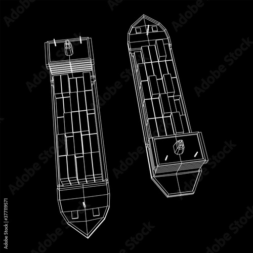 Heavy dry cargo ship of bulk carrier with freight containers. Wireframe low poly mesh vector illustration.